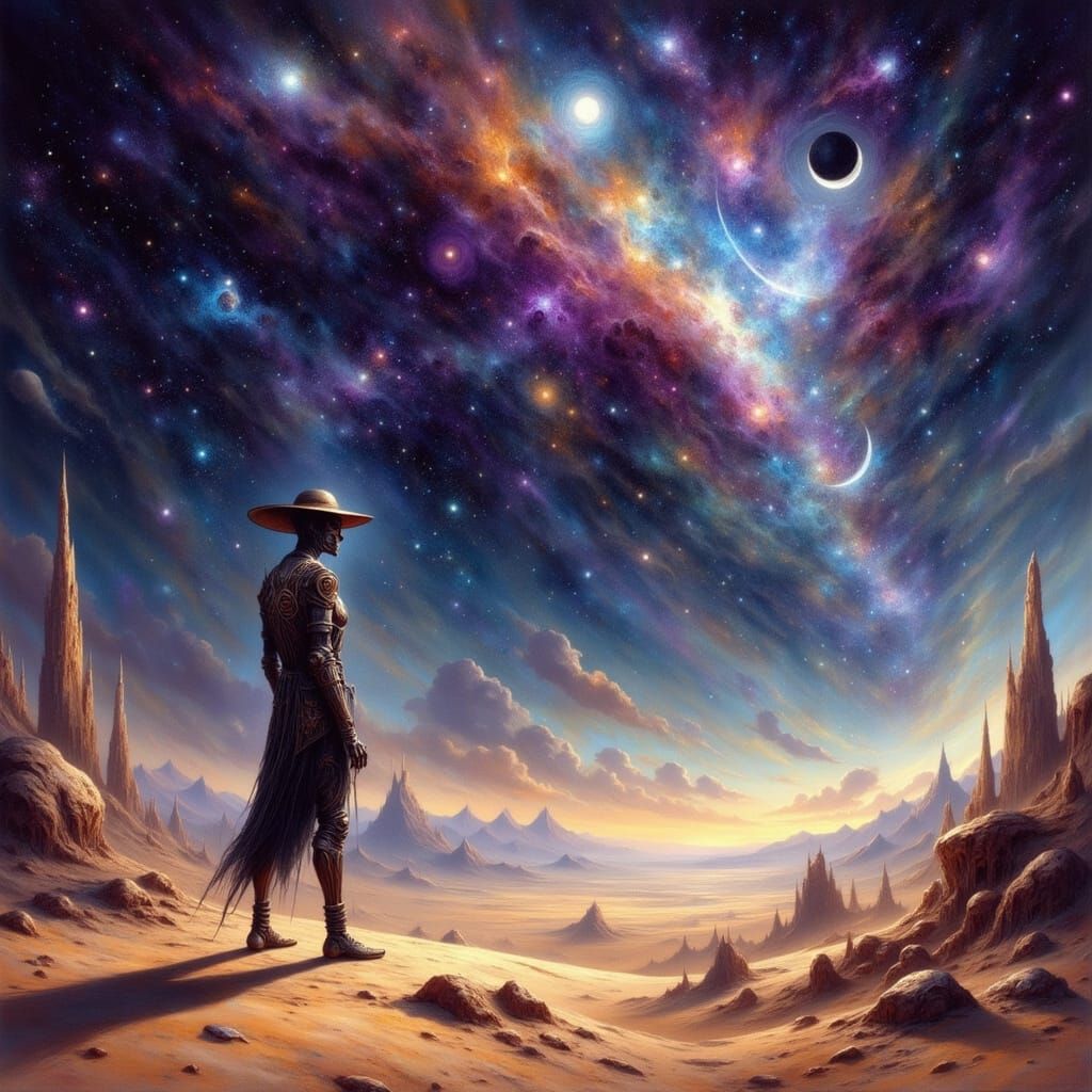 Automaton in Star-Dusted Desert Under Nebula Sky