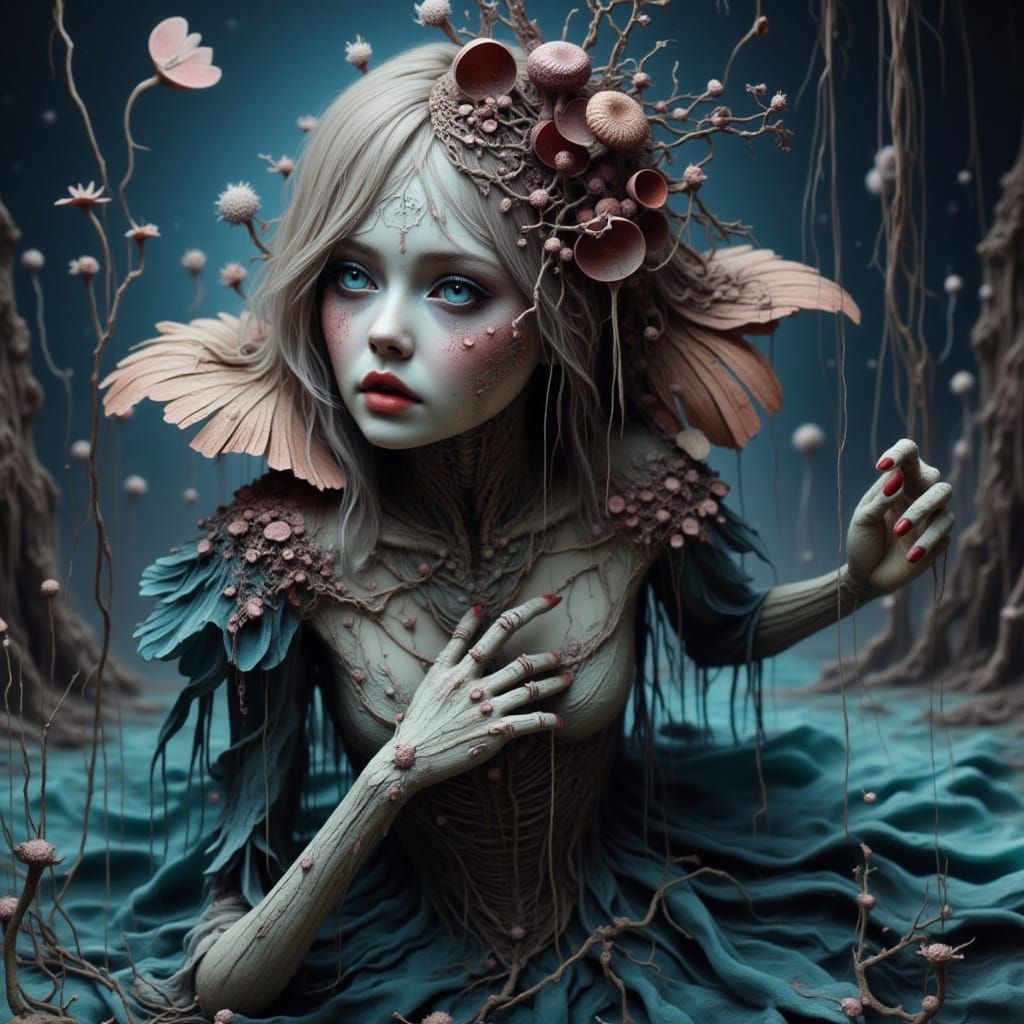 Art Nouveau Figure with Fungi and River Details