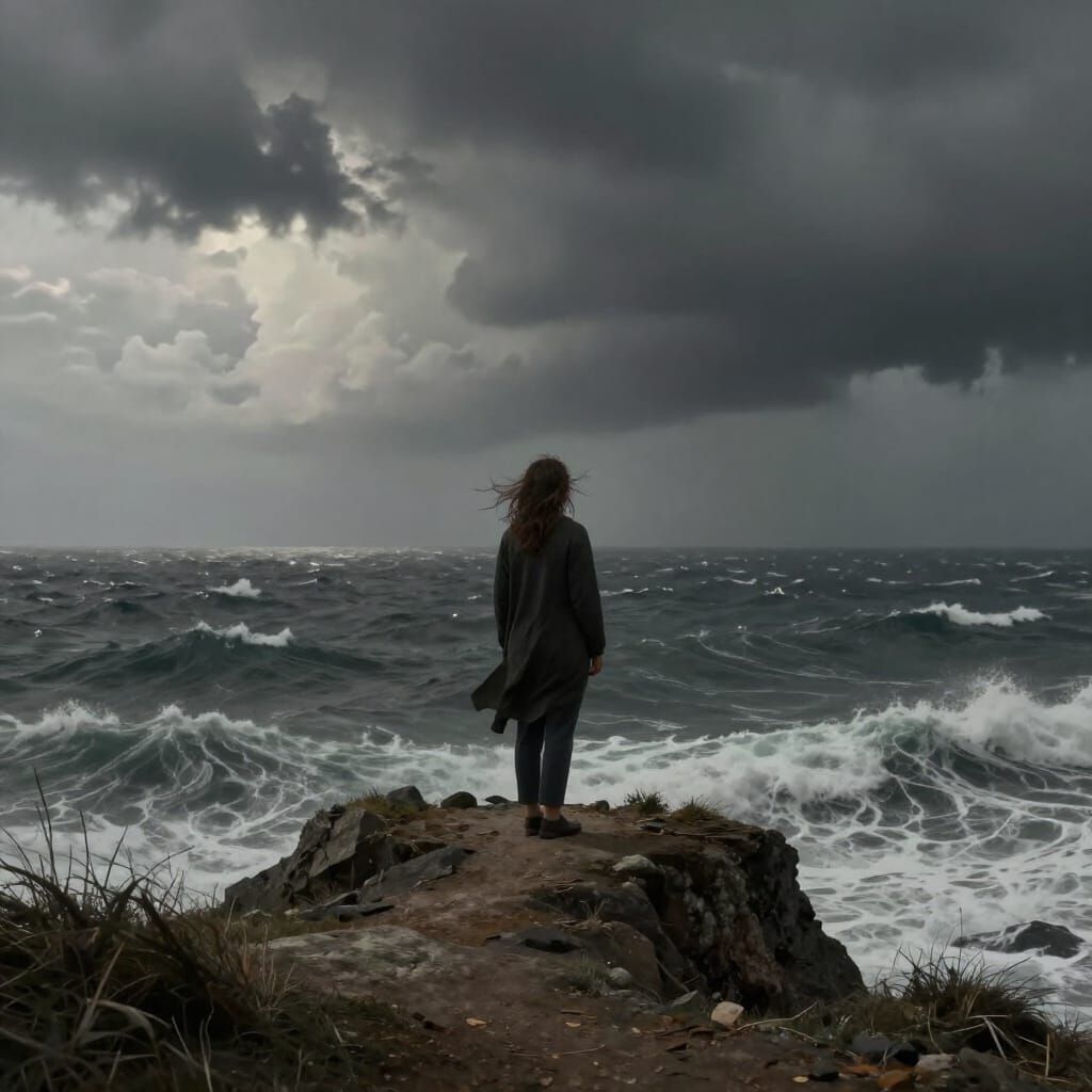 Woman on Cliff Overlooking Stormy Sea