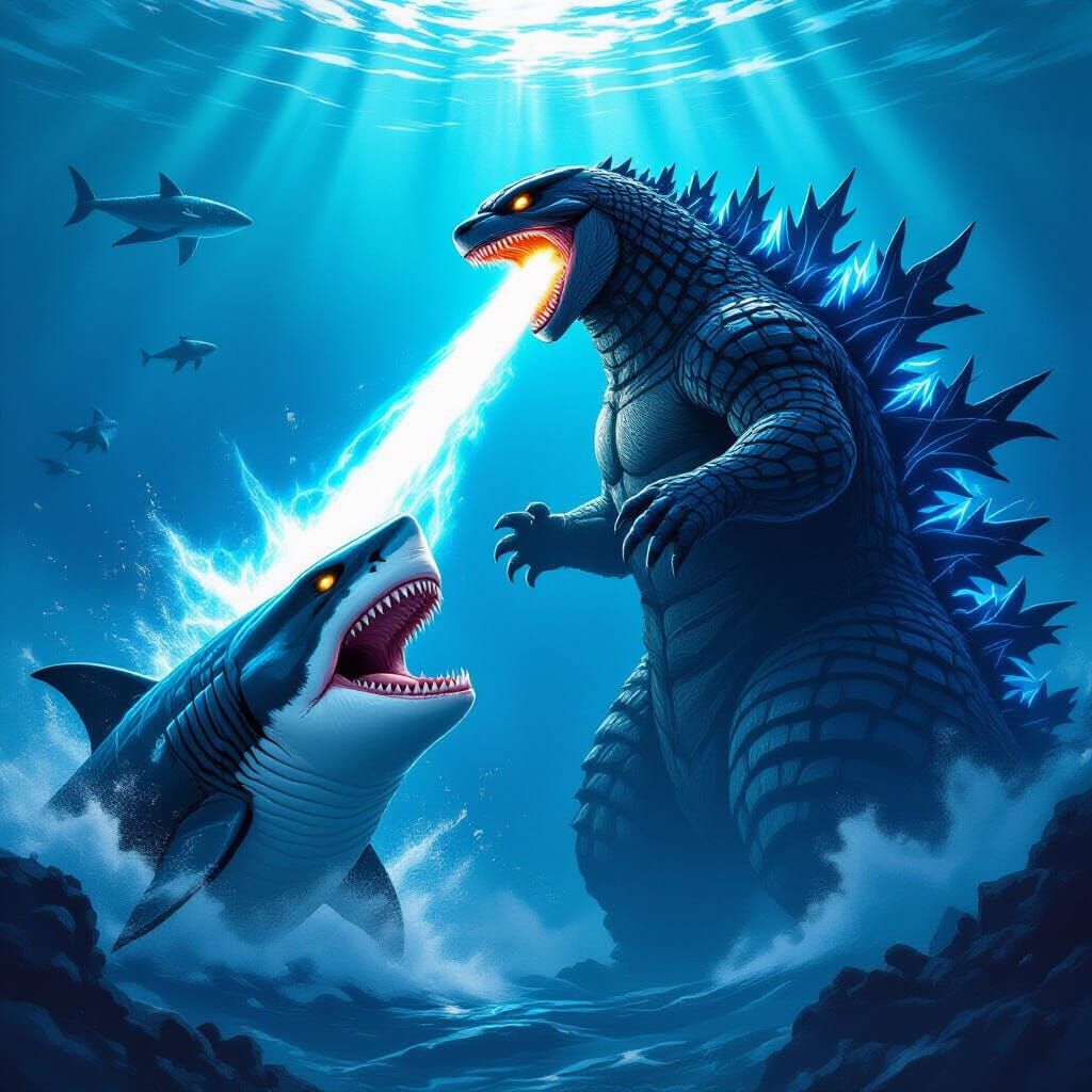 Megalodon Battles Godzilla's Blue Atomic Breath