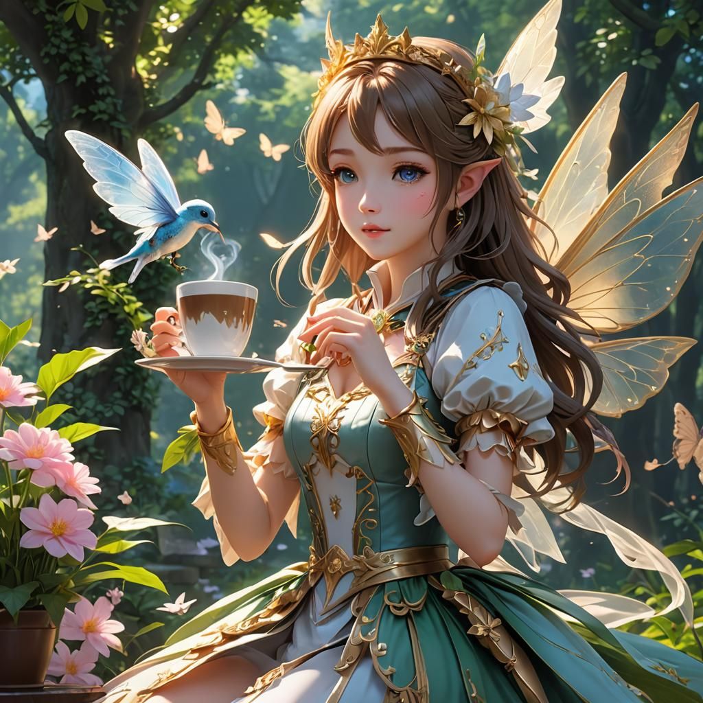 Anime Fairy Princess Flying with Coffee