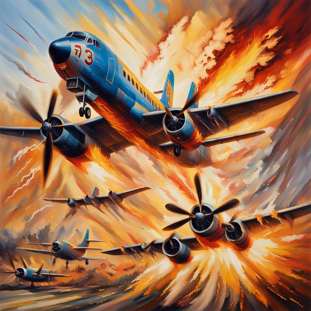 Dramatic Oil Painting of Airplanes Crashing