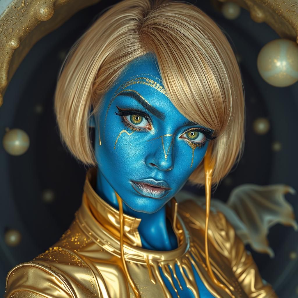 Ethereal Alien with Golden Streaks and Blue Face Paint