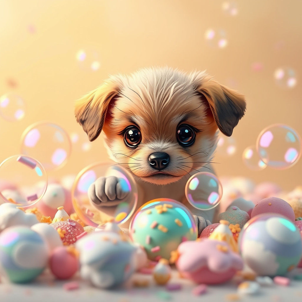 Puppy Playing in Iridescent Soap Bubbles, Anime Style