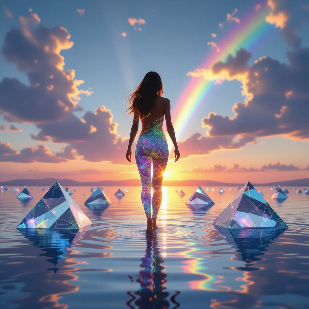 Woman of Light Walking on Prism Water