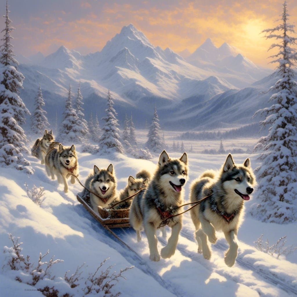 Huskies Pulling Sled in Alaskan Tundra
