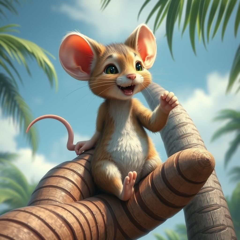 Mouse riding a cat under a palm tree. Funny but emotional. P...