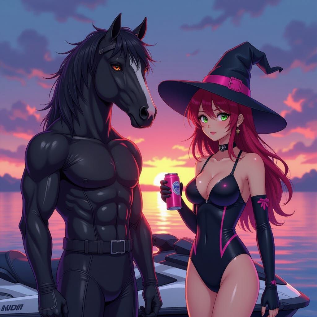 Anime Horse-Man and Woman at Dawn in Studio Trigger Style