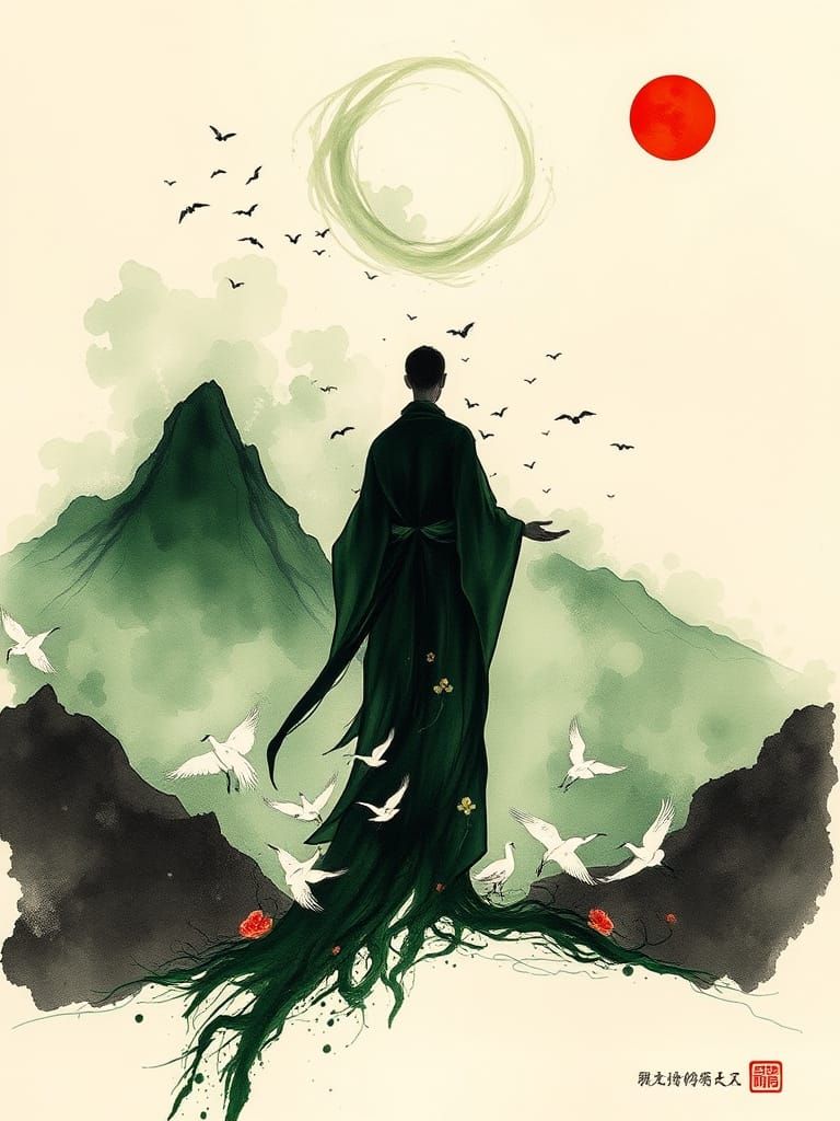 Ethereal Ink Figure Under a Floating Calligraphy Moon