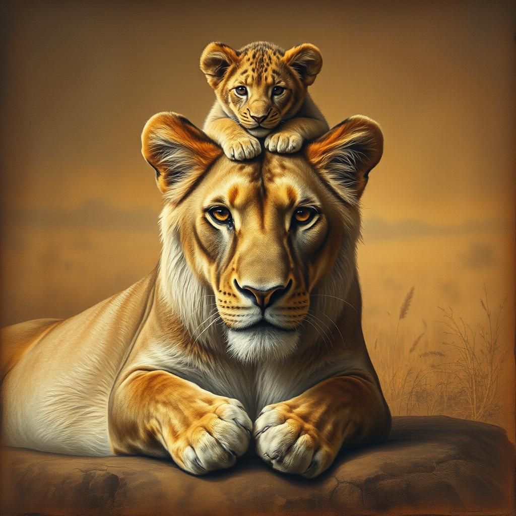 Lioness and Cub Charcoal Drawing in Chiaroscuro