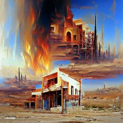 Desert City Ablaze: An Oil Painting