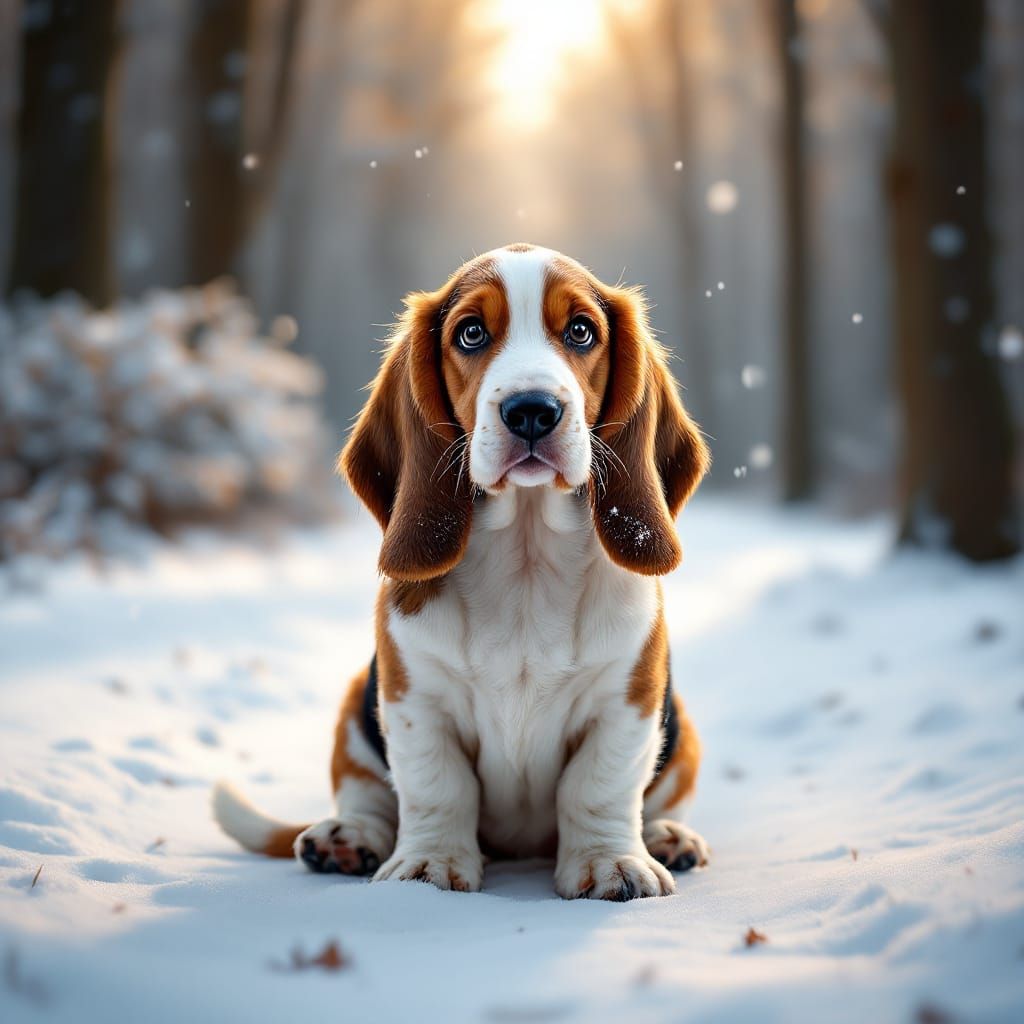 Baby Basset Hound on Snowy Forest Trail