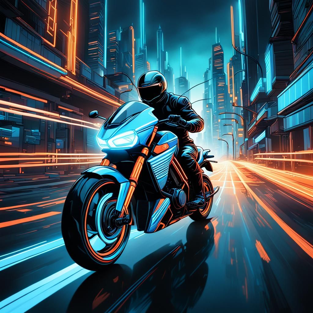 Tron-Inspired Neon Motorcycle in Comic Book Style