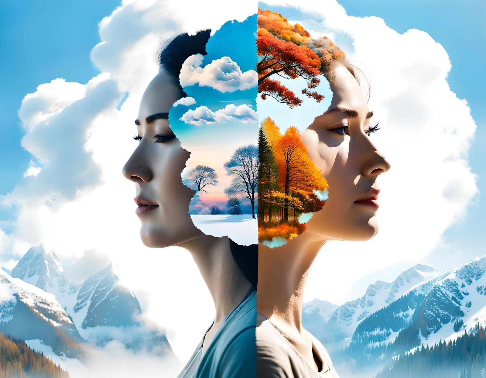 Double Exposure: Couple Embraces Four Seasons Landscape