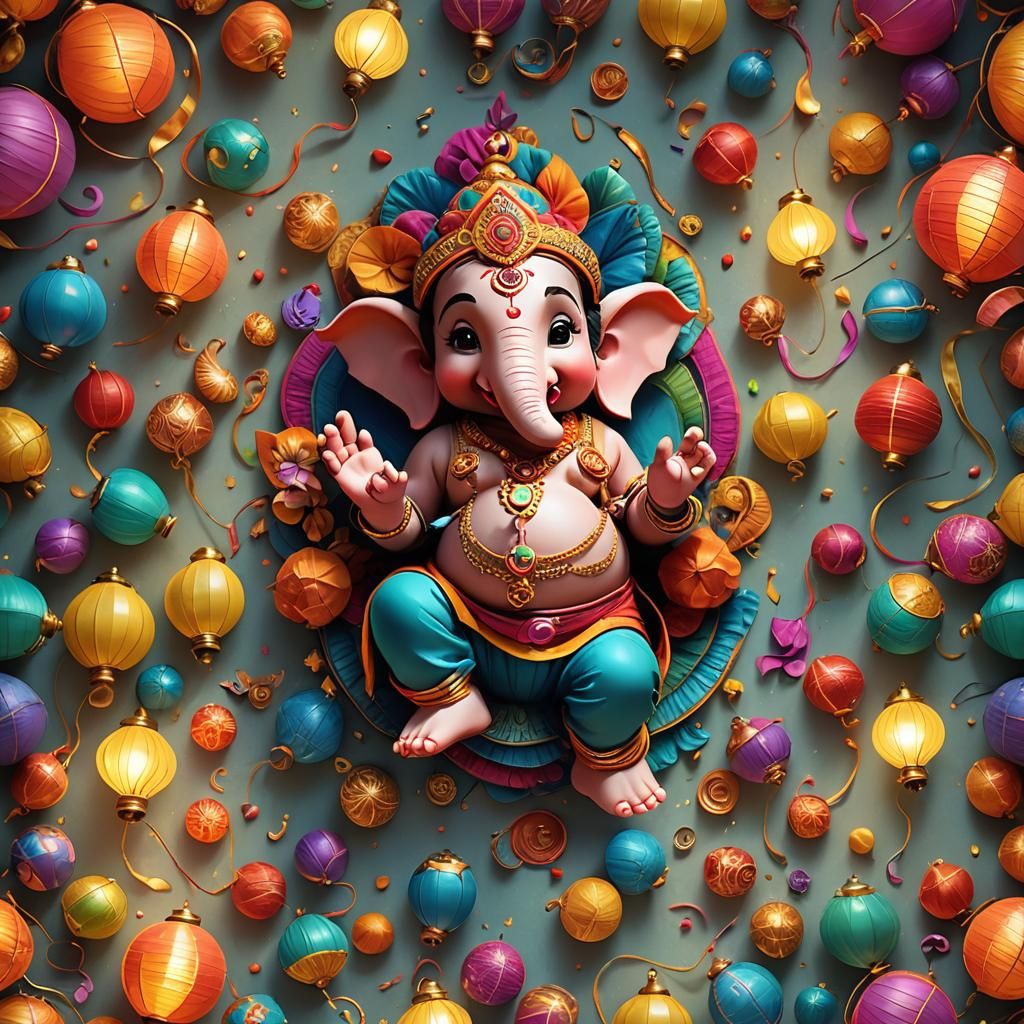 Baby Ganesha with Lanterns: Pixar-Style 3D Art