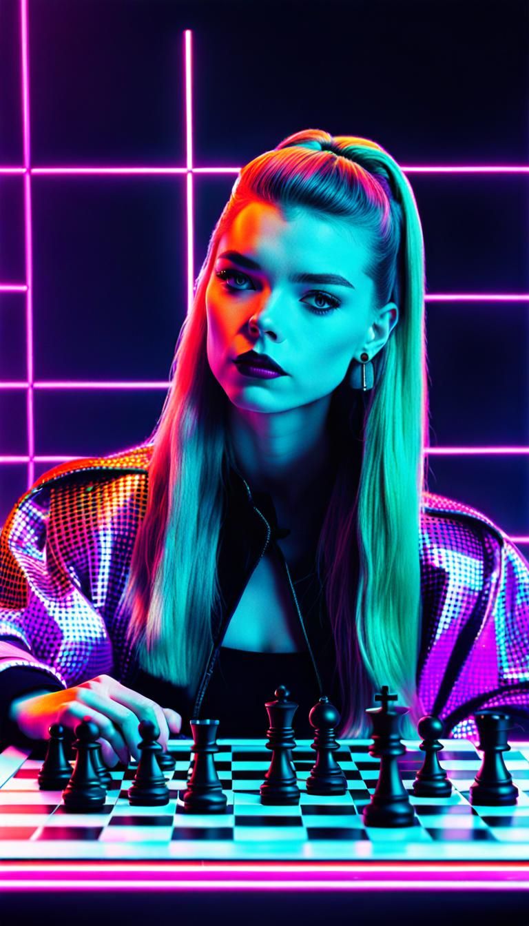 Synthwave Chessboard Featuring Anya Taylor-Joy as Bishop