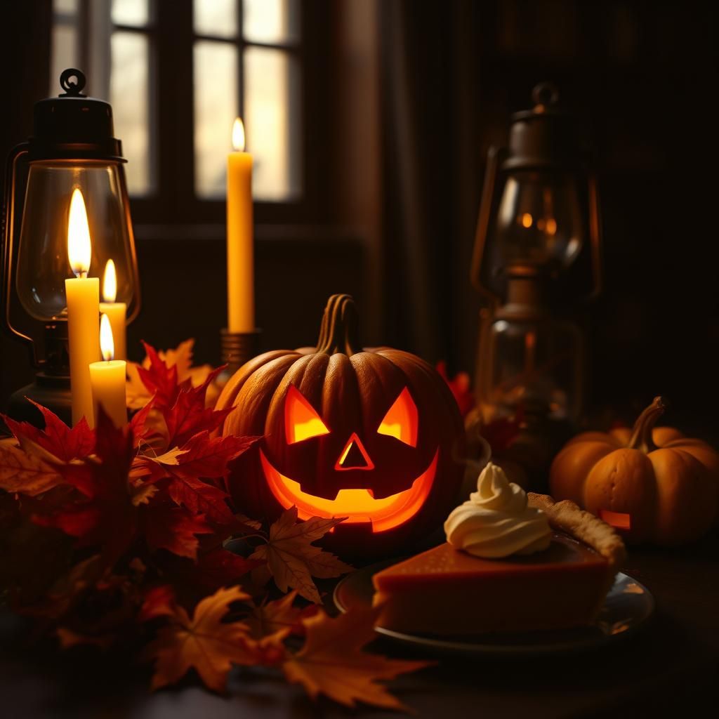 Spooky Halloween Still Life with Pumpkin Pie