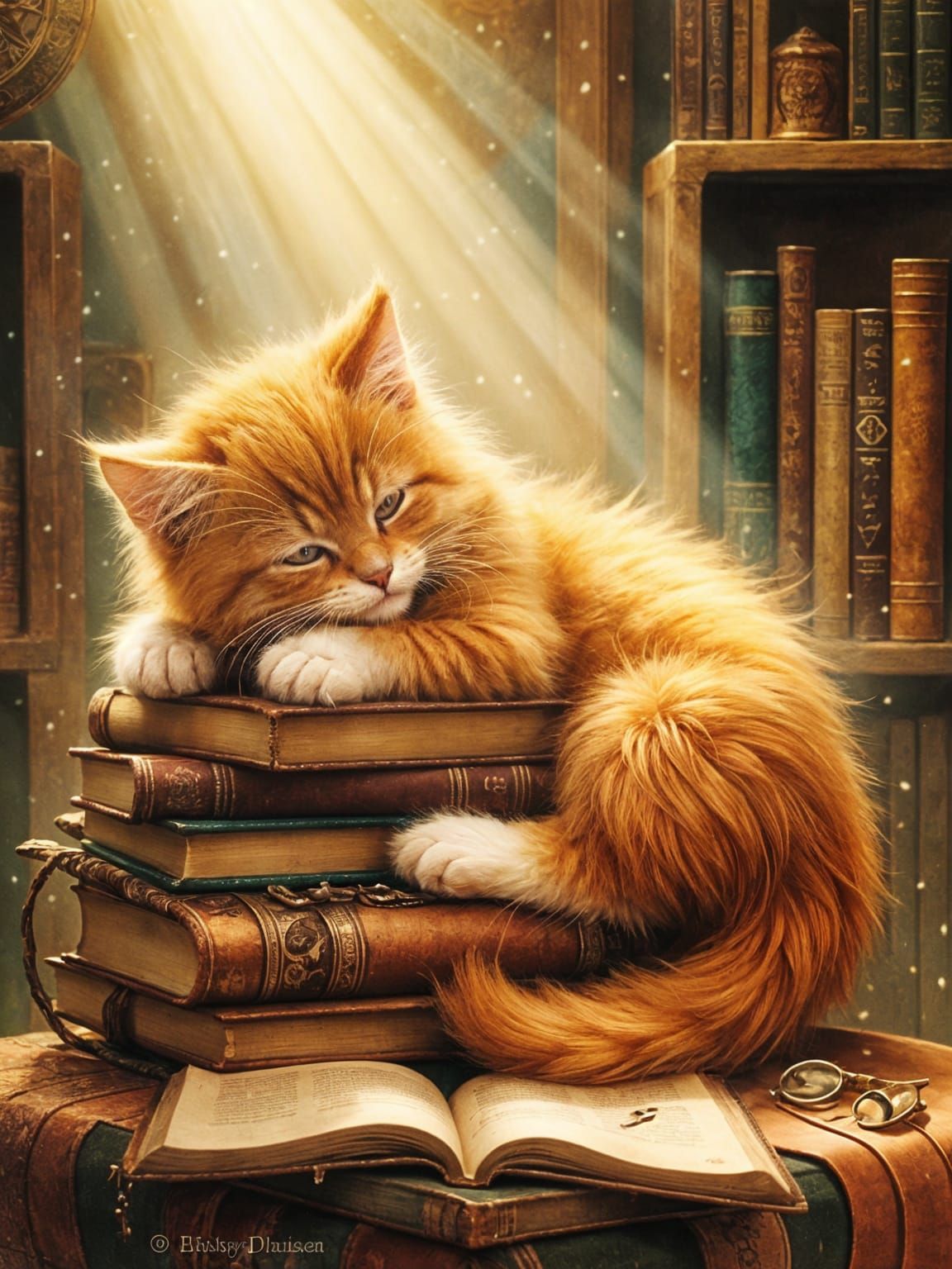 Fluffy Kitten Napping on Old Books in Sunlit Library
