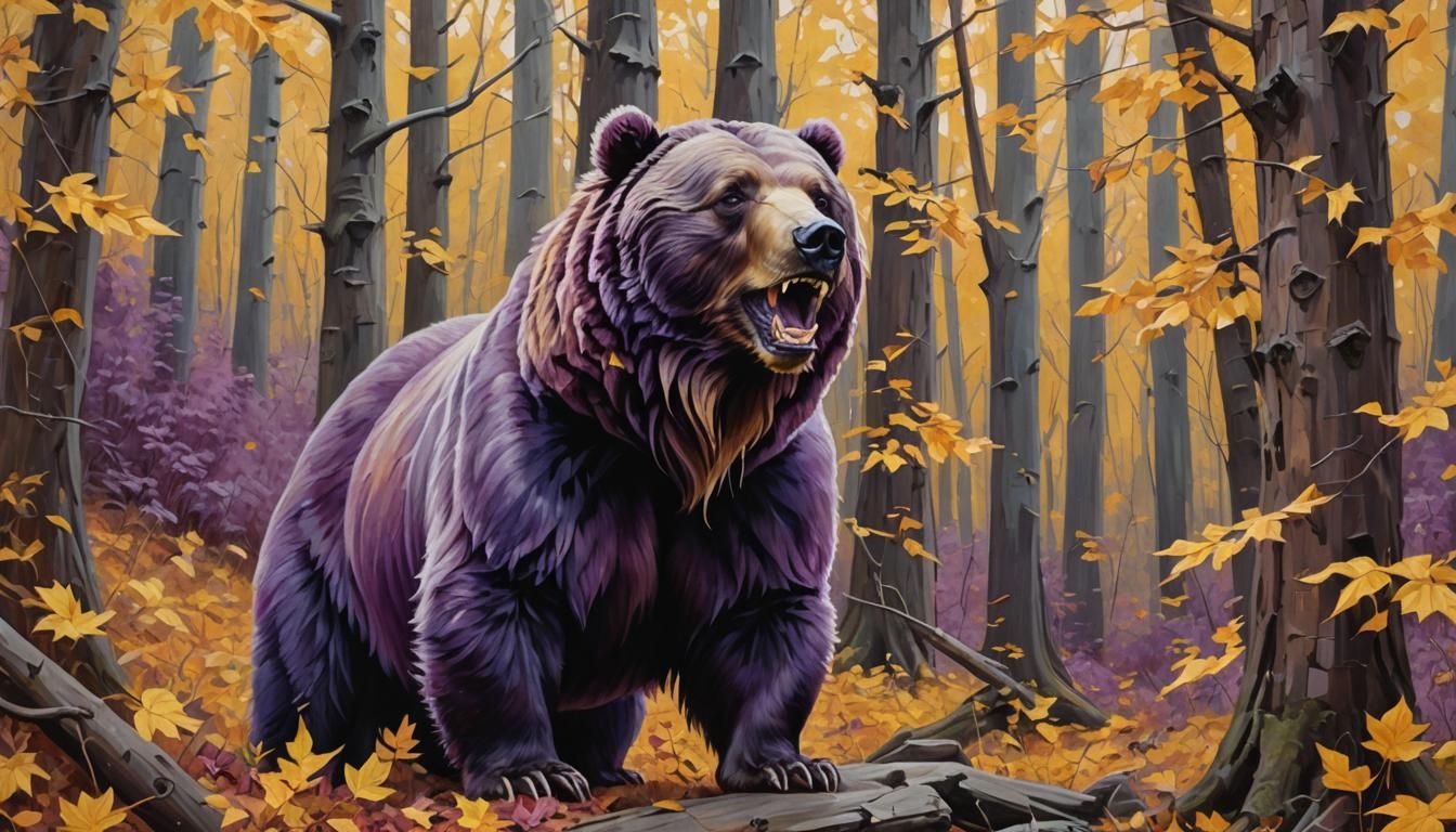 Purple Dreadlock Grizzly in Autumn Forest Oil Painting