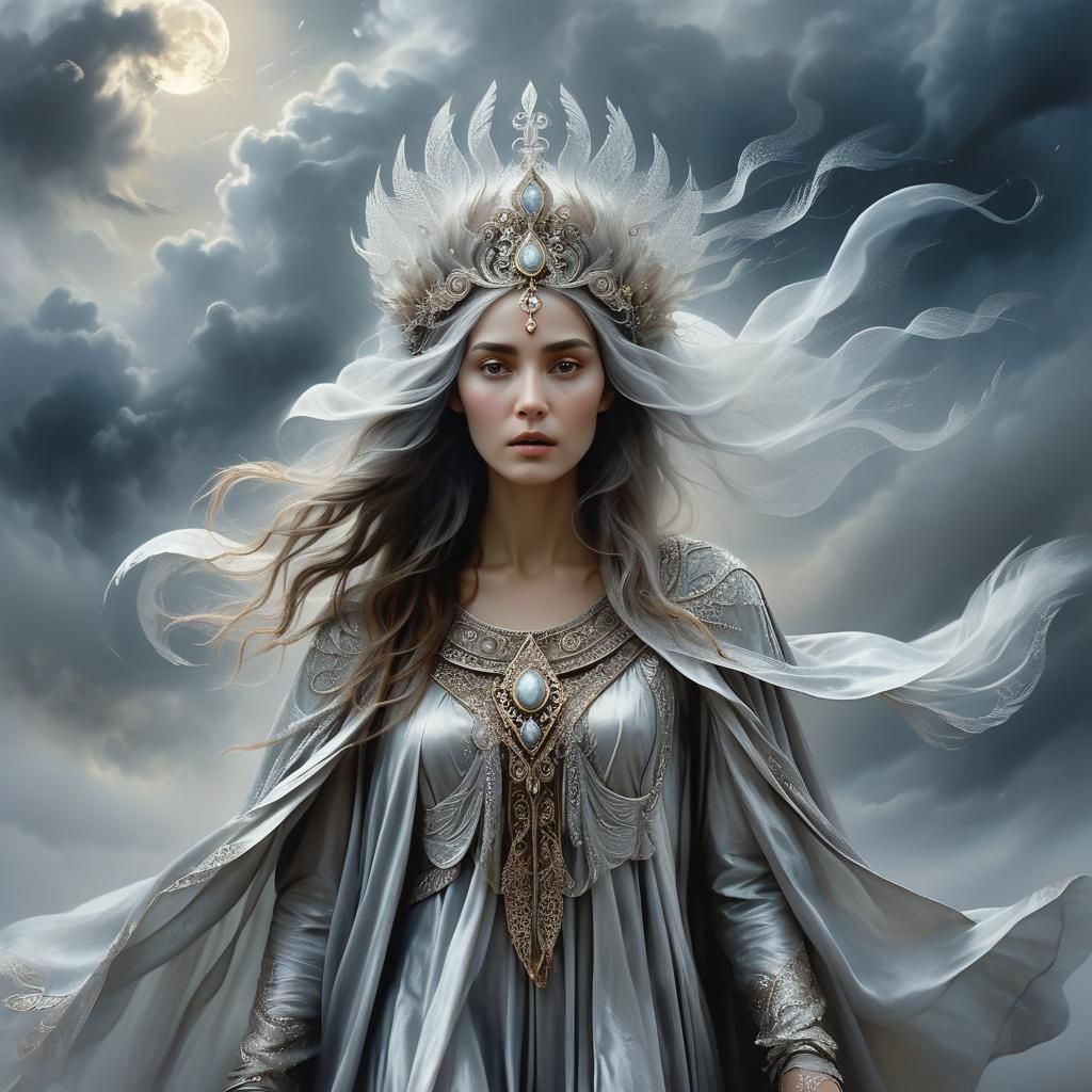 Woman in Silver Cloak Amidst Luminescent Mist