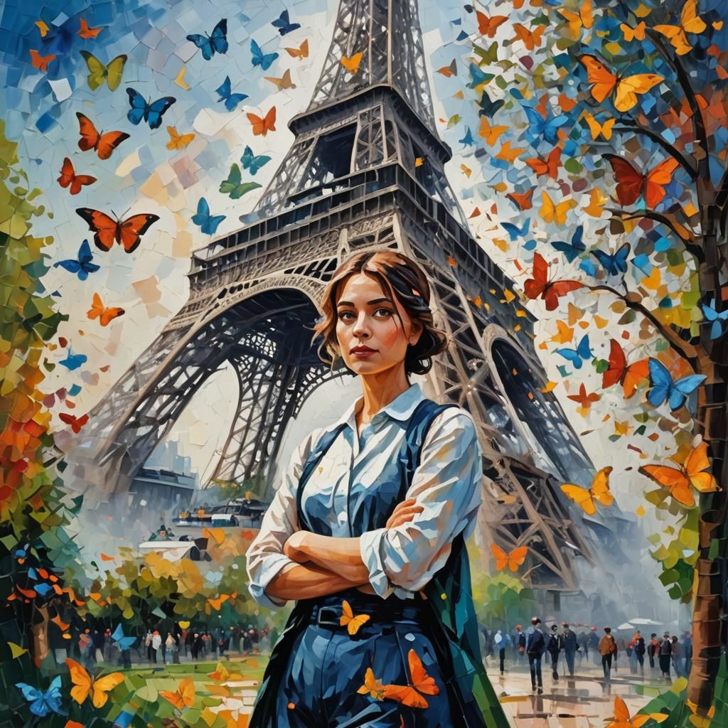 Person with Butterflies in Neo-Impressionist Style