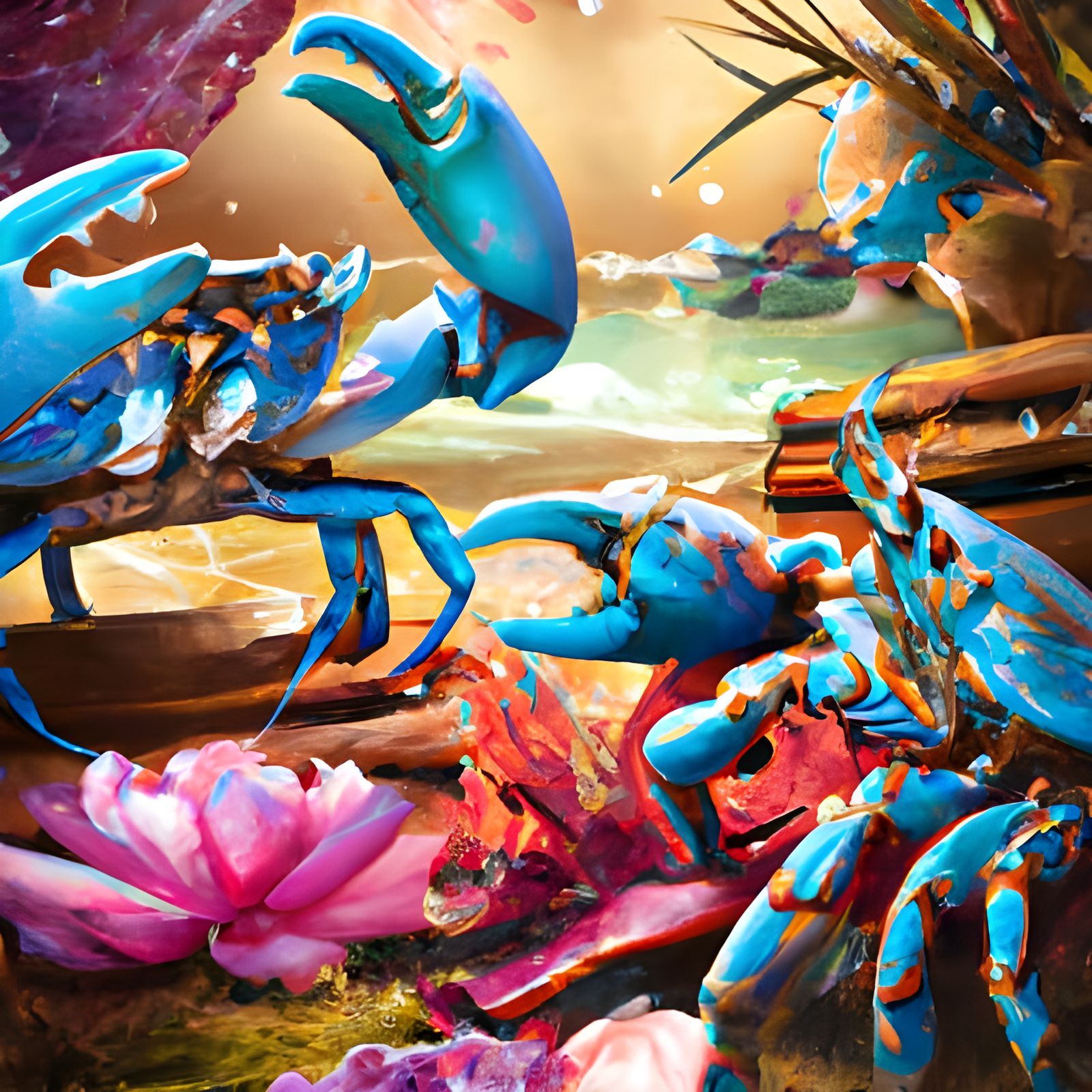 3D Blue Crabs and Water Lilies in Pastel