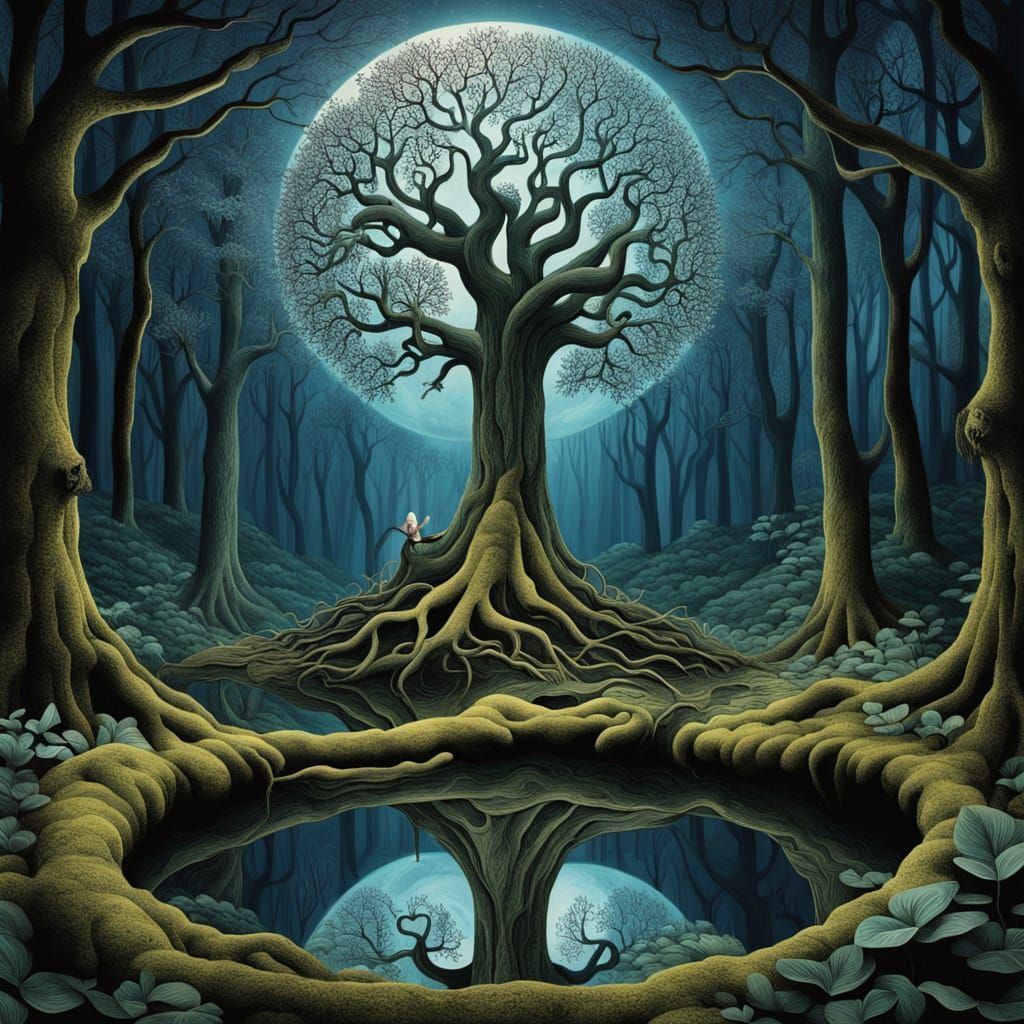 Surreal Tree Portal in a Dreamlike Labyrinthine World