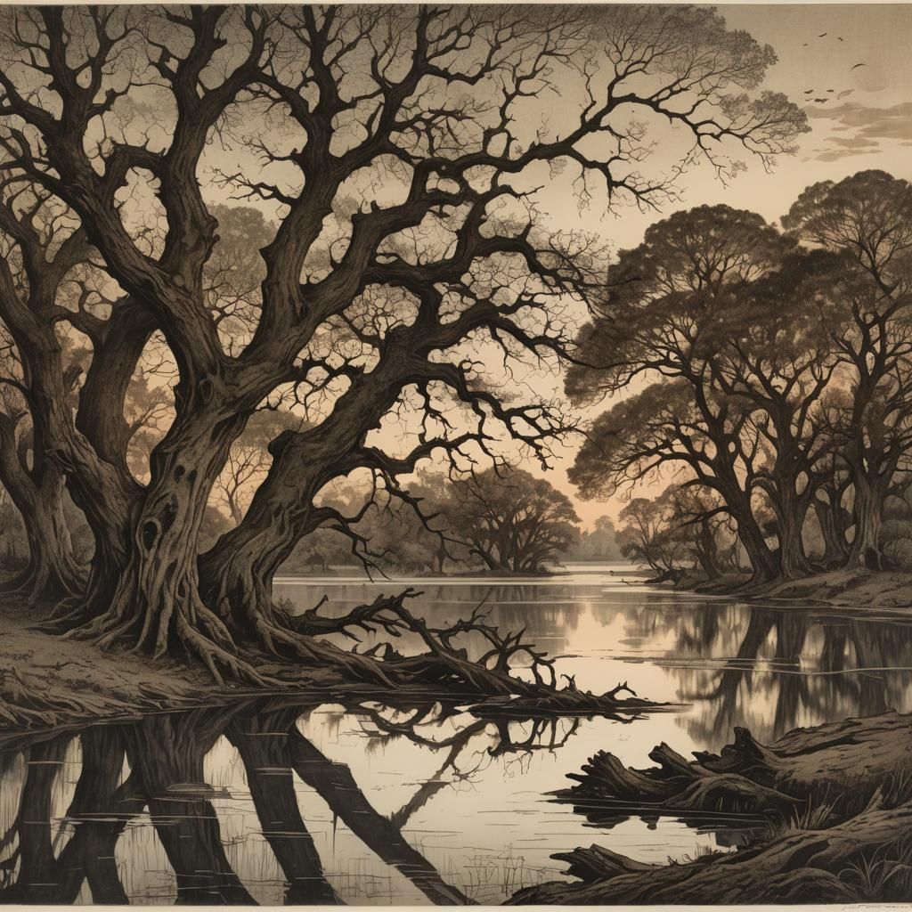 Lake Landscape in Etching and Aquatint Style