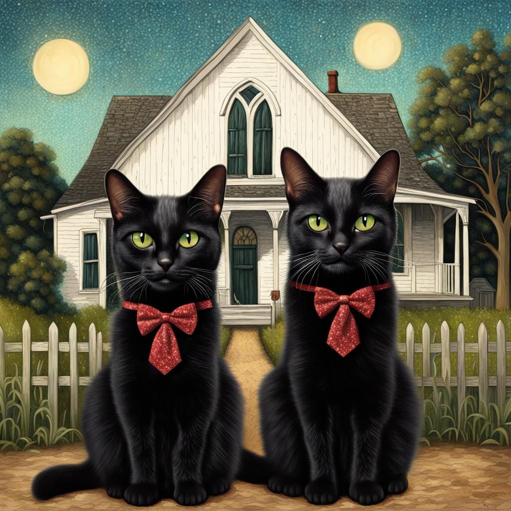 Black Cats Recreate American Gothic Portrait