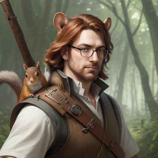 Cleric with Squirrel in Forest, Detailed Fantasy Art