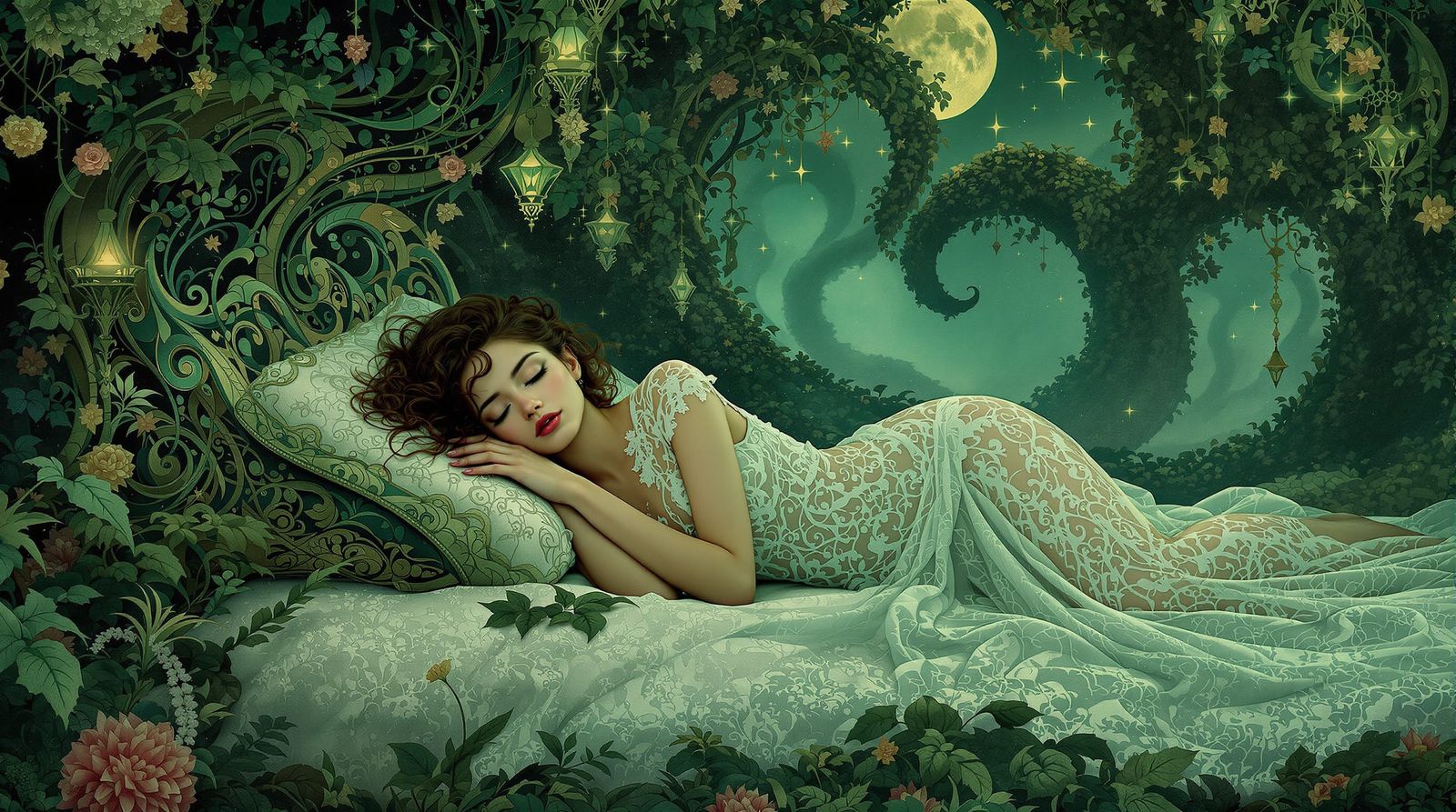 Art Nouveau Masterpiece: Sleeping Woman in Mystical Forest