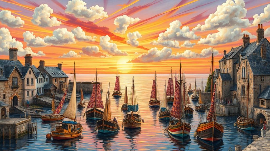 Medieval Fishing Village at Sunset in Watercolor Style