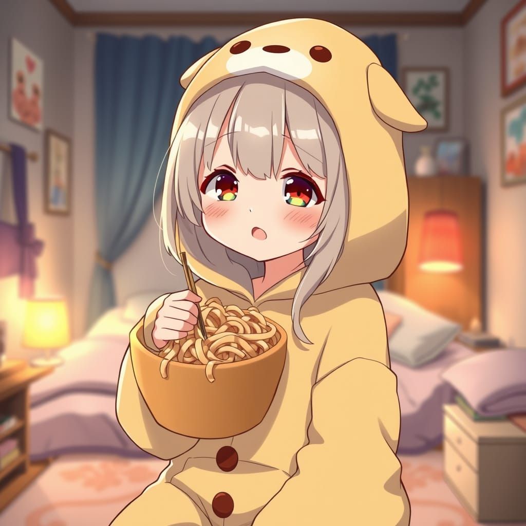 Cute Anime Girl in Yakisoba Bread Onesie