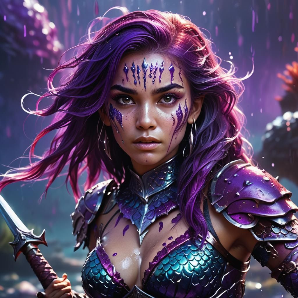 Mermaid Warrior in Purple Armor, Digital Art