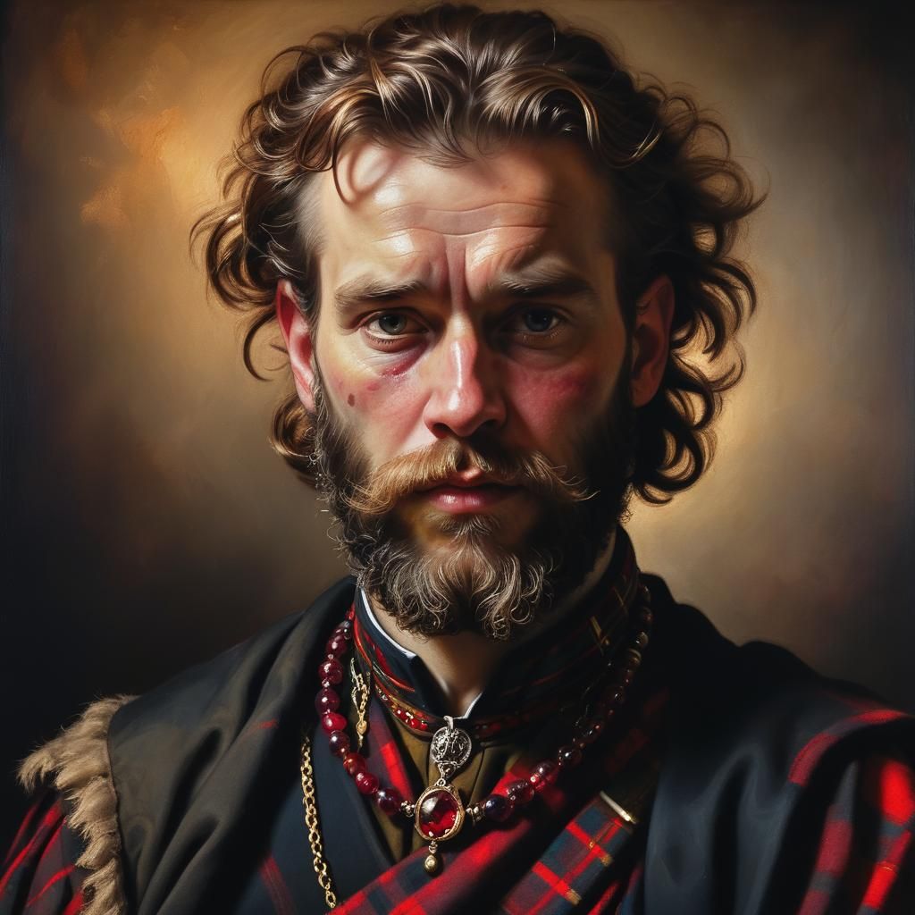 Dramatic Oil Portrait of Bearded Man in Kilt