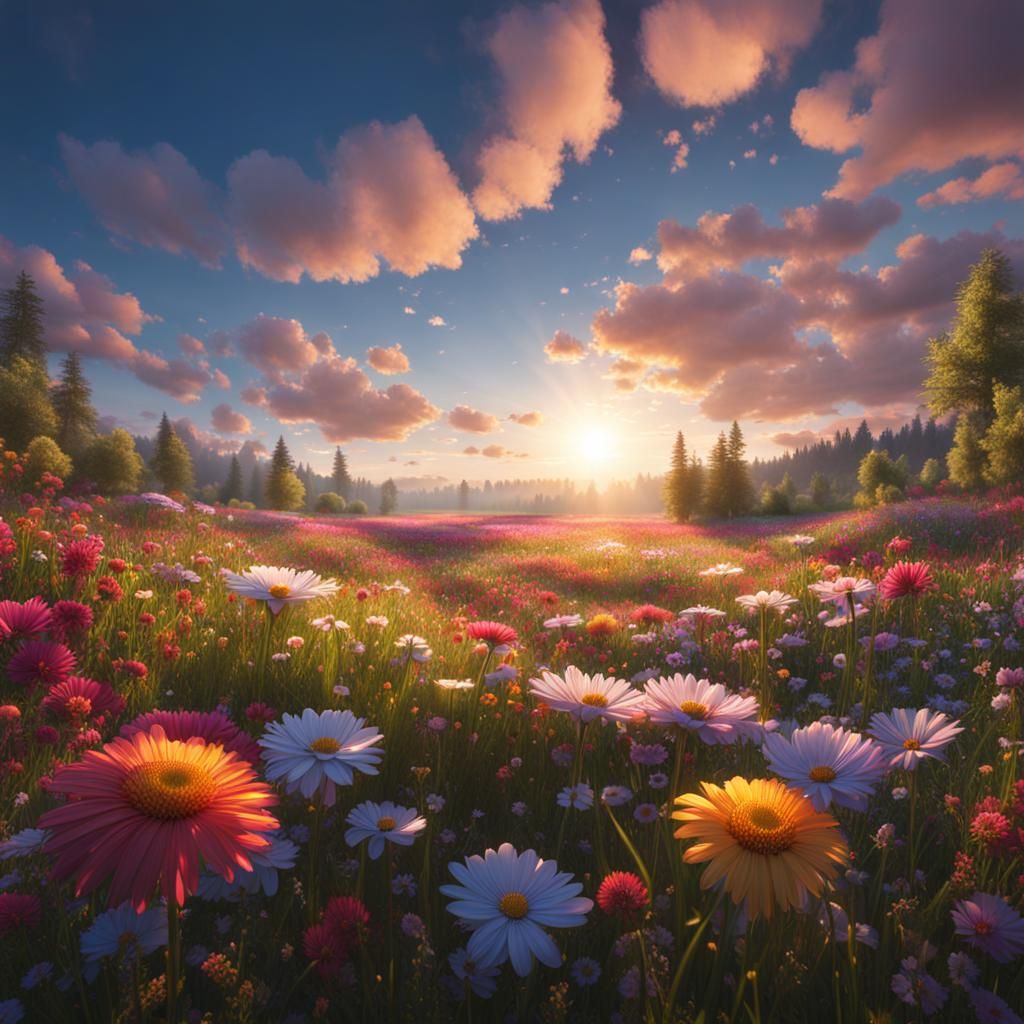 Flower Meadow Under a Clear Blue Sky