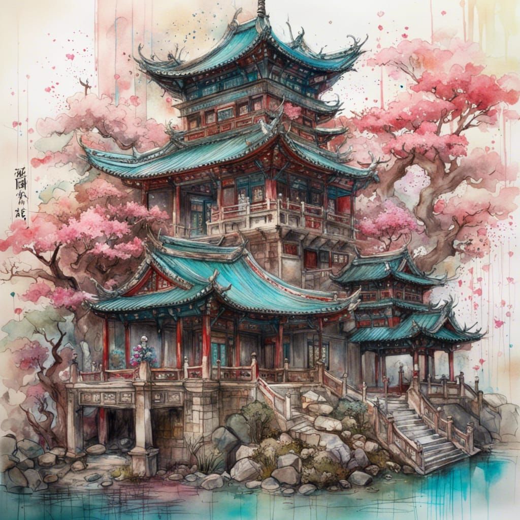 Sakura Garden Palace: Detailed Fantasy Art