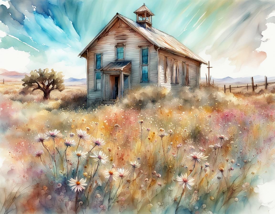 Victorian Schoolhouse in Wildflower Field: Watercolor Art