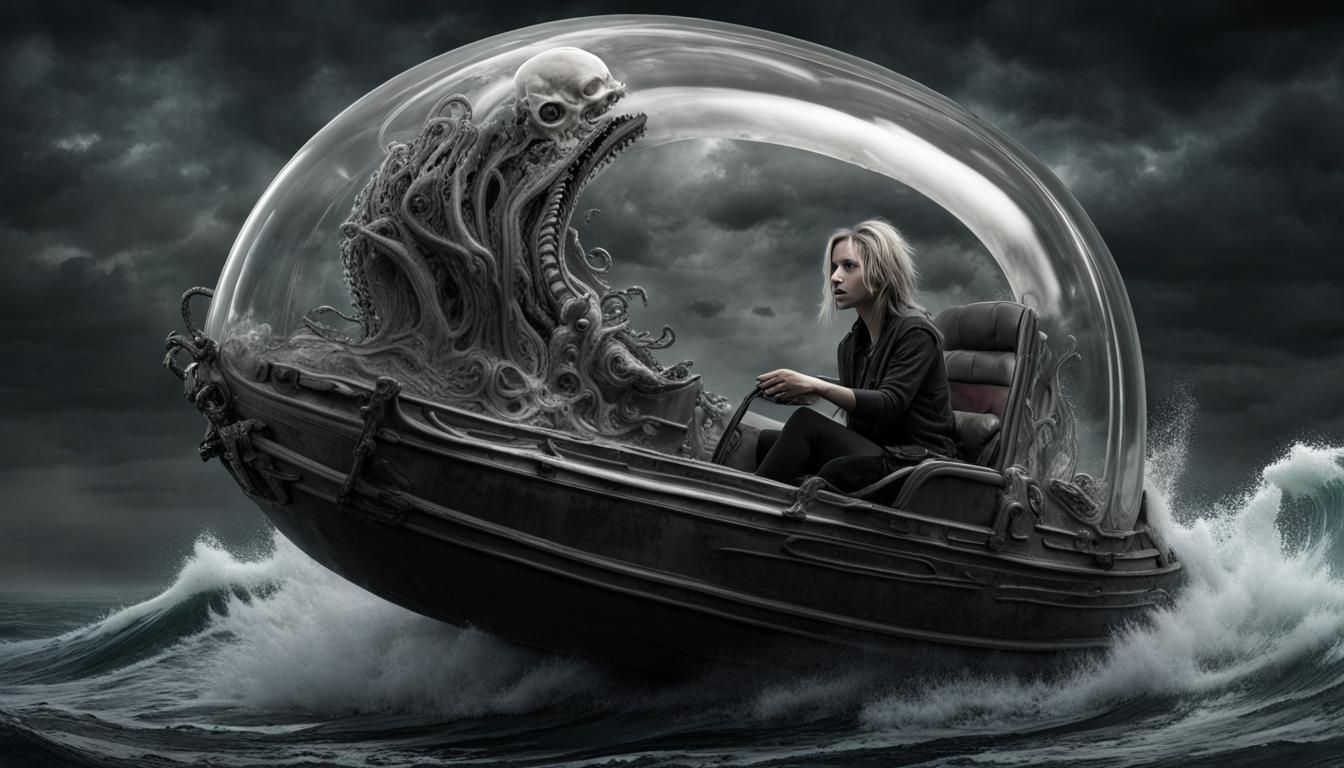 Woman in Orb-Shaped Bubbleboat Surviving Hurricane