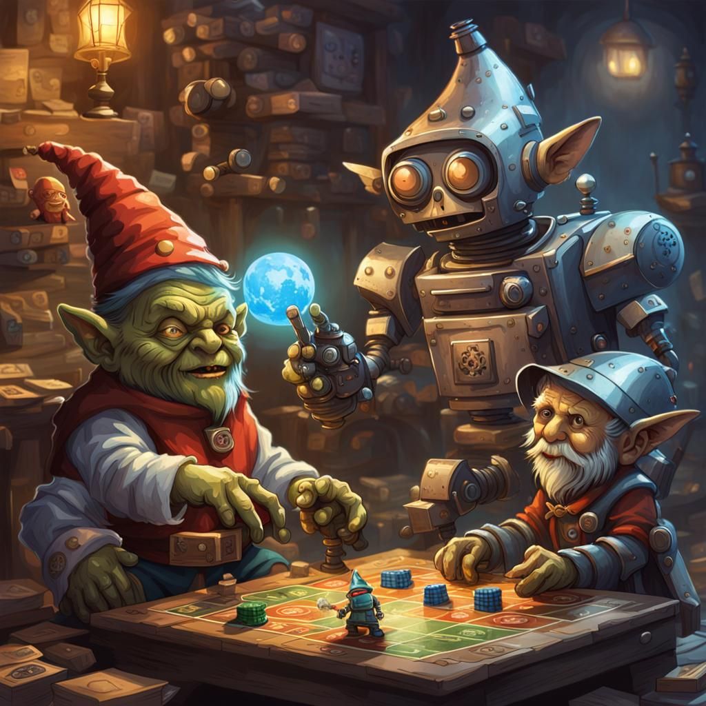Goblin Gnome and Robot Play Board Game