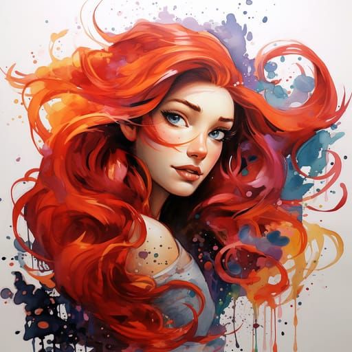 Freckled Woman with Red Hair in Watercolor Style