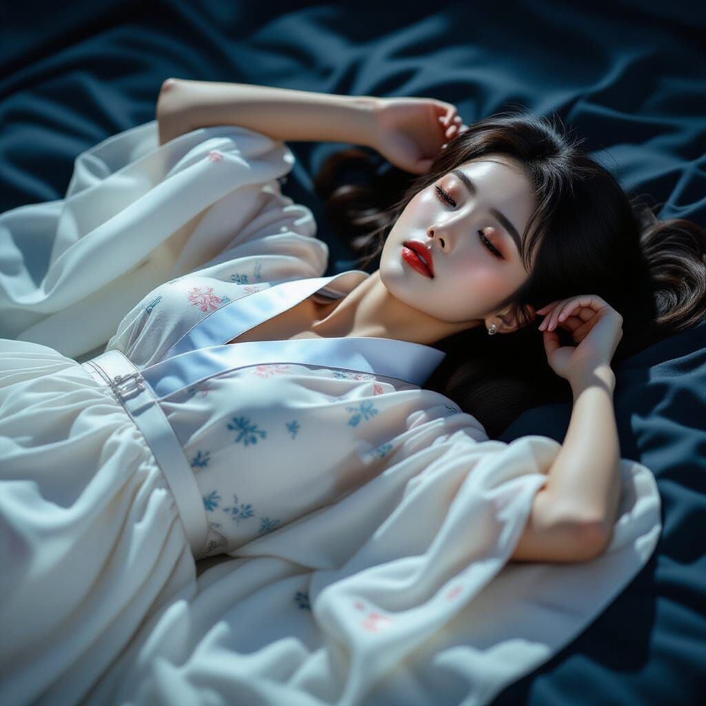 Korean Supermodel in Sensual Sheer Hanbok with Moody Lightin...