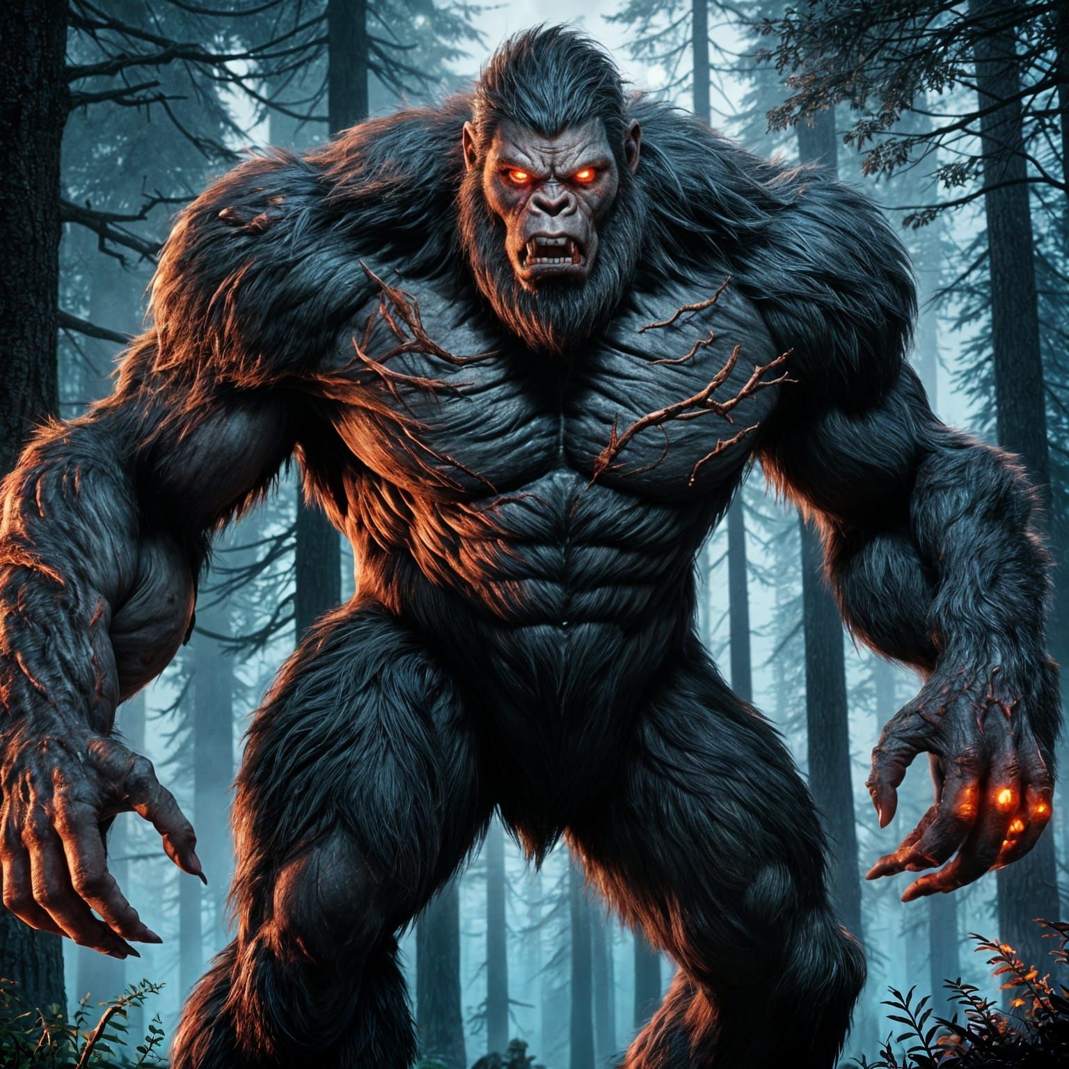 Scary Bigfoot Zombie with Red Eyes in Forest