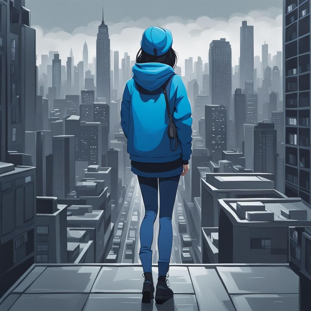 Striking Blue Girl in Grey Cityscape