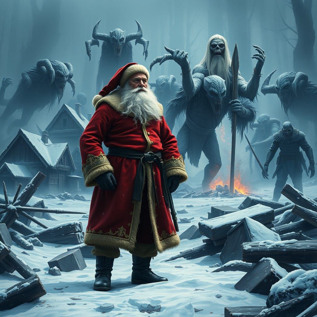 War-Torn Fantasy Landscape with Santa Claus and Soldier vs....