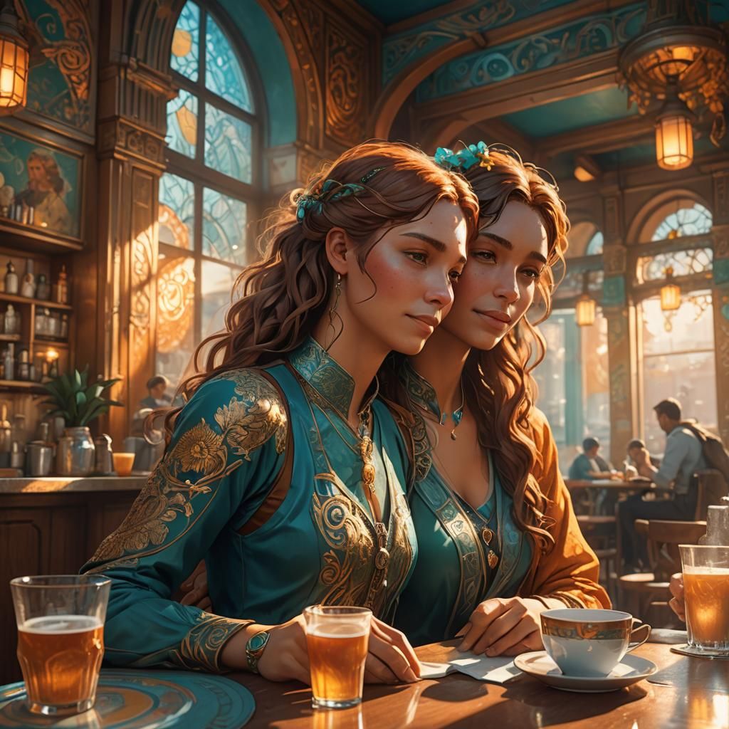 Friends Reunited: Alphonse Mucha-Inspired Cafe Scene
