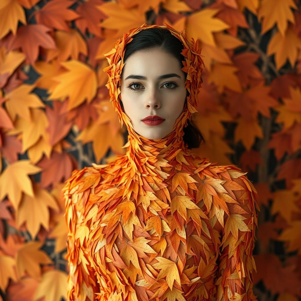 Autumn Camouflage: Woman Merging with Leaf Wall