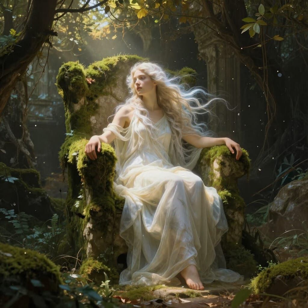 Ethereal Goddess on Throne in Ancient Ruin Painting