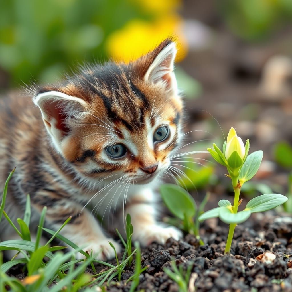 Cute Kitten Explores Springtime Garden
