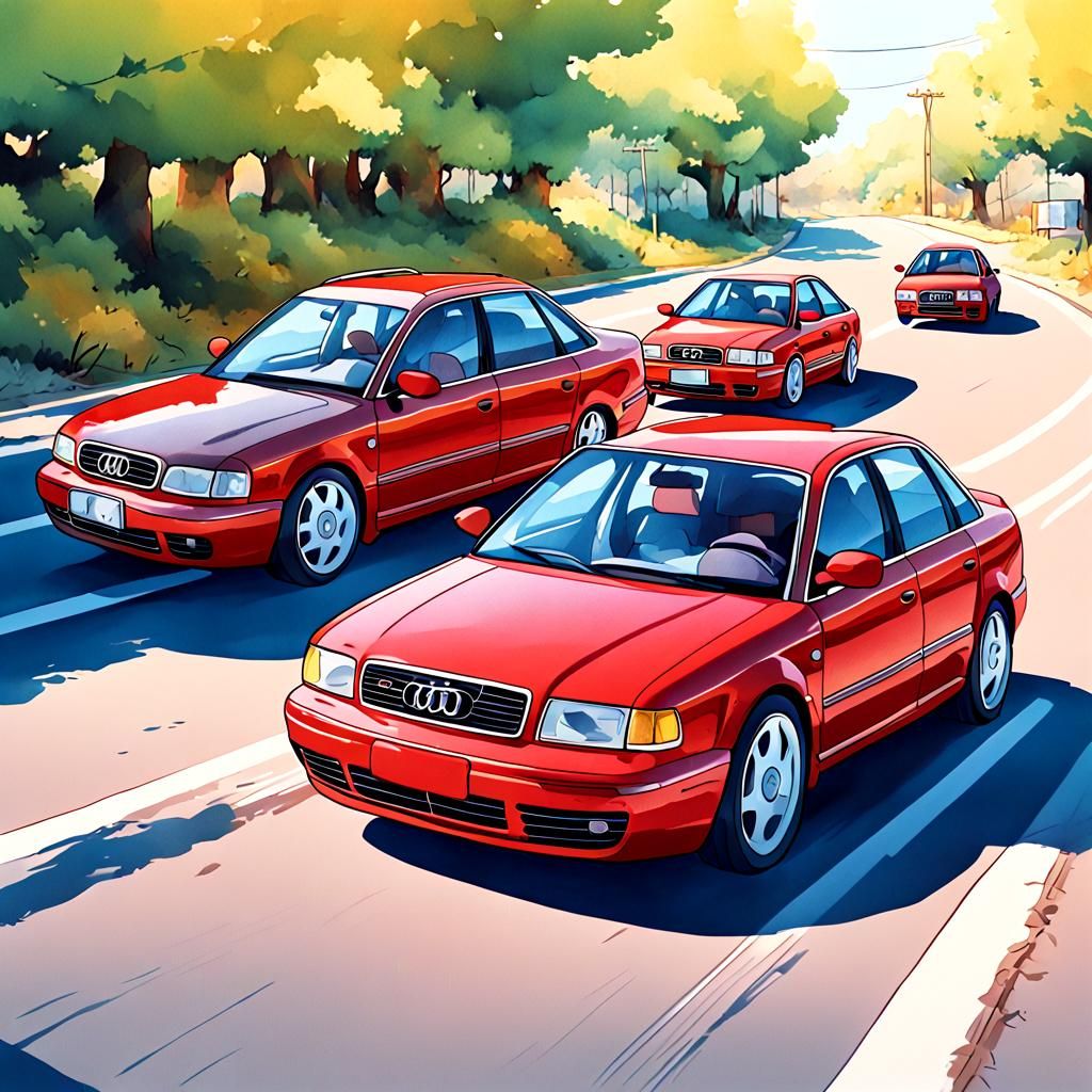 Two Red Audi A4s in Manga Cartoon Style
